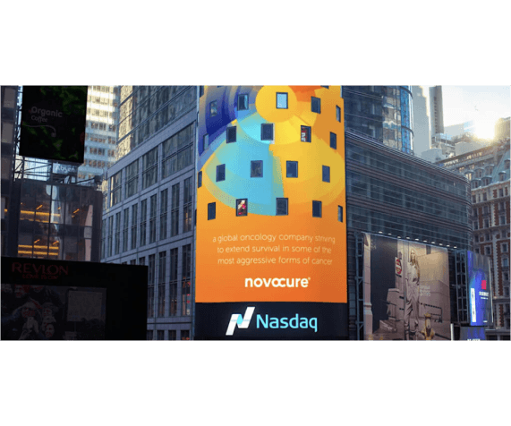 Timeline infographic representing the history and milestones of Novocure with icons and years