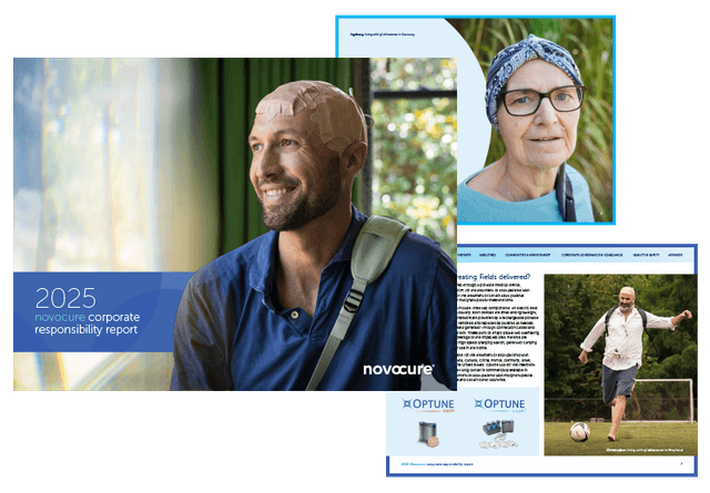Novocure 2025 Corporate Responsibility Report cover with blue and green wave design